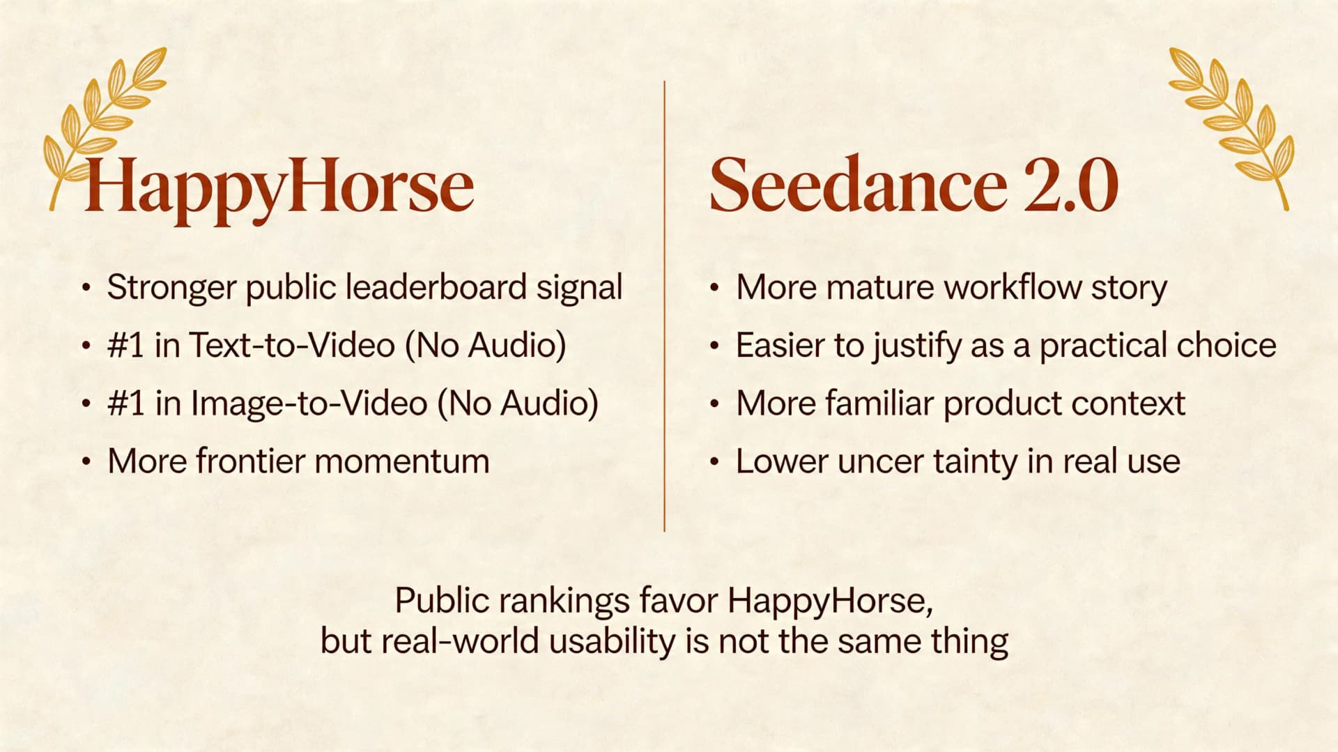 بطاقة تحريرية تلخص مقارنة HappyHorse وSeedance 2.0 بين قوة إشارات لوحات الترتيب العامة والثقة العملية في سير العمل